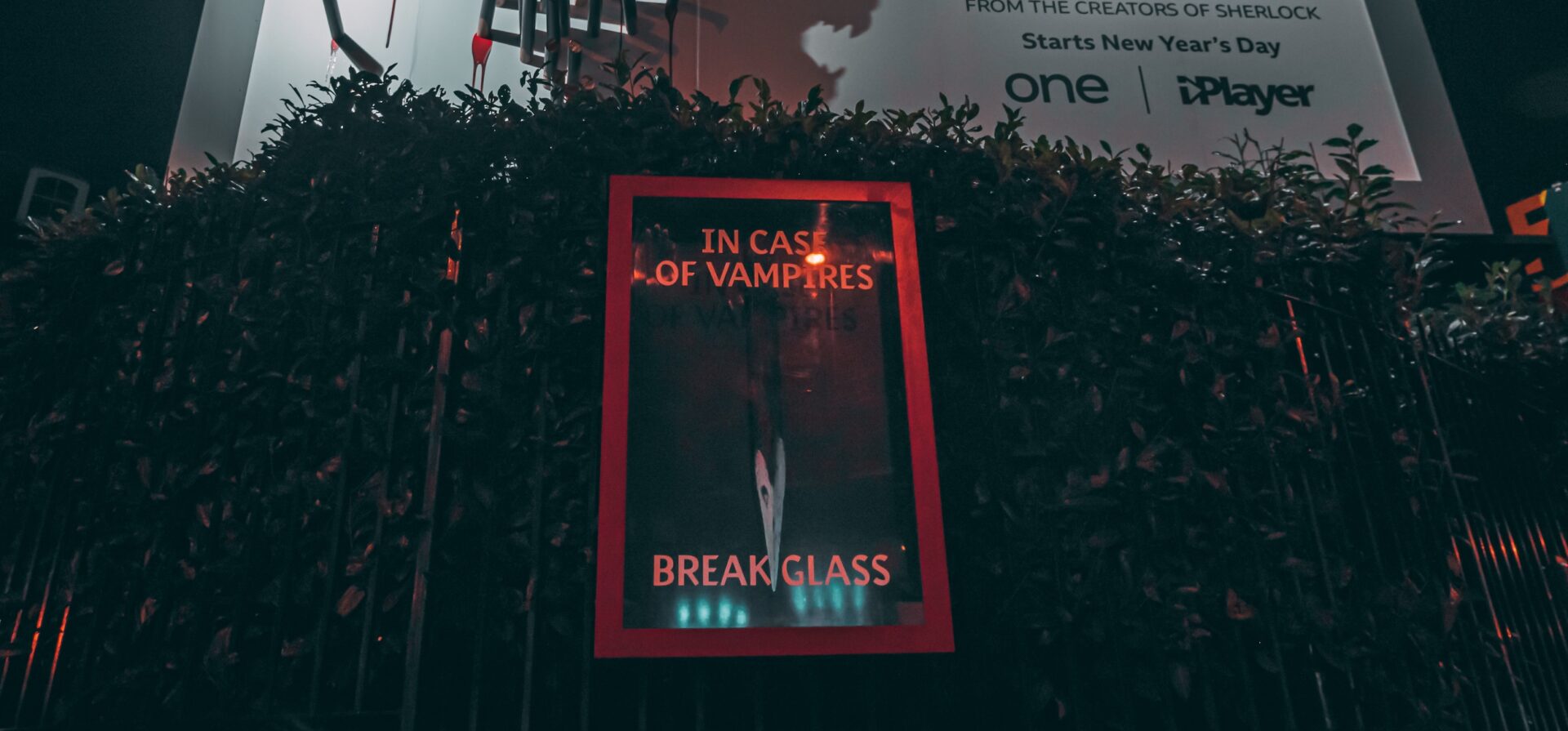 Shadow billboard advertising installation for BBC Dracula revealed at night through 3D stakes and lighting