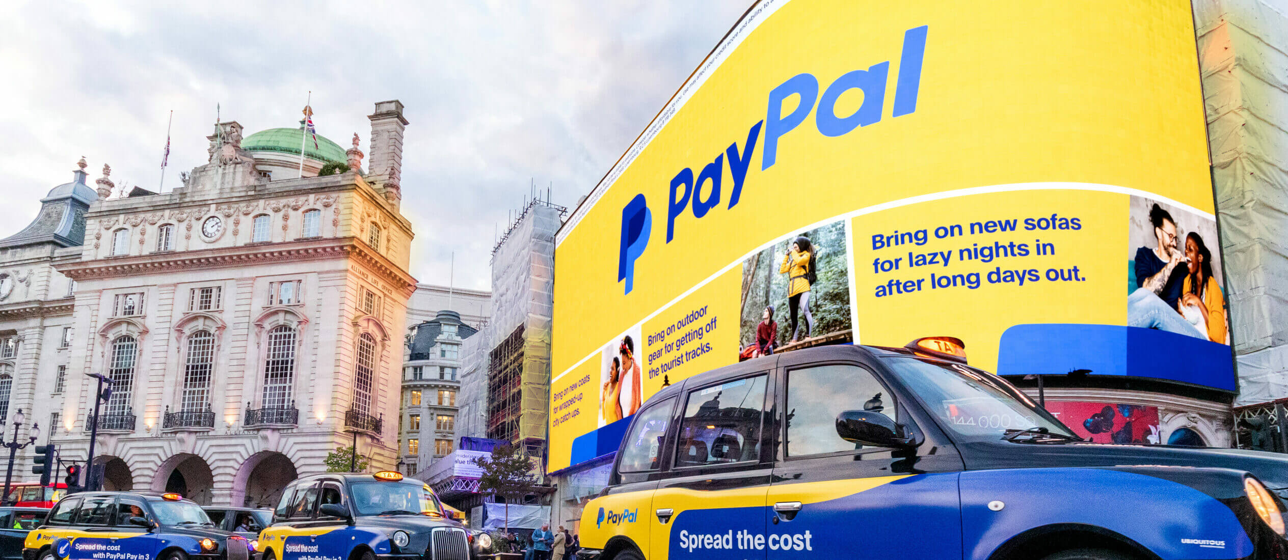 PayPal pay in 3 camapign on the Piccadilly Lights and multiple taxis in Piccadilly Circus.