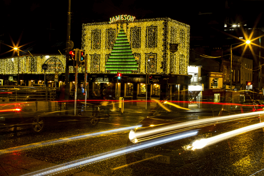 Jameson Whiskey lighting Christmas Tree at the Barge Pub in Dublin City Centre